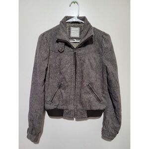 Heritage Wool Blend Bomber Jacket Womens Medium Brown Tweed Full Zip Mock Neck